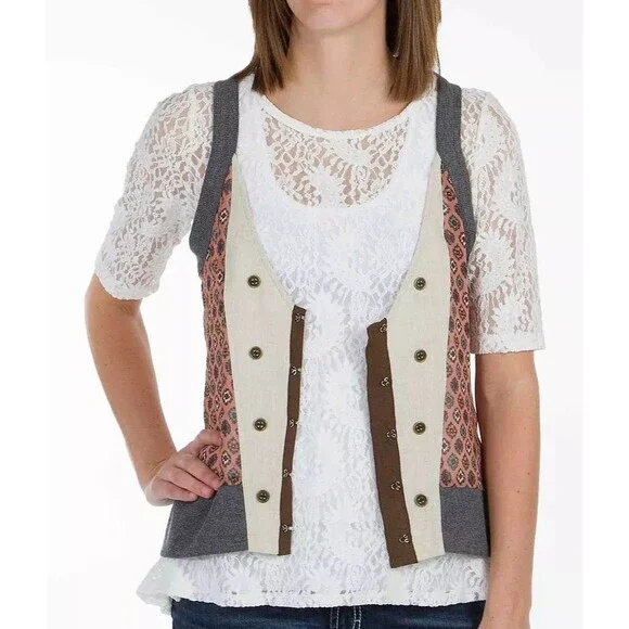 Gimmicks by BKE Pieced Vest Size M Lace Back Linen Printed Multicolor - Picture 1 of 10